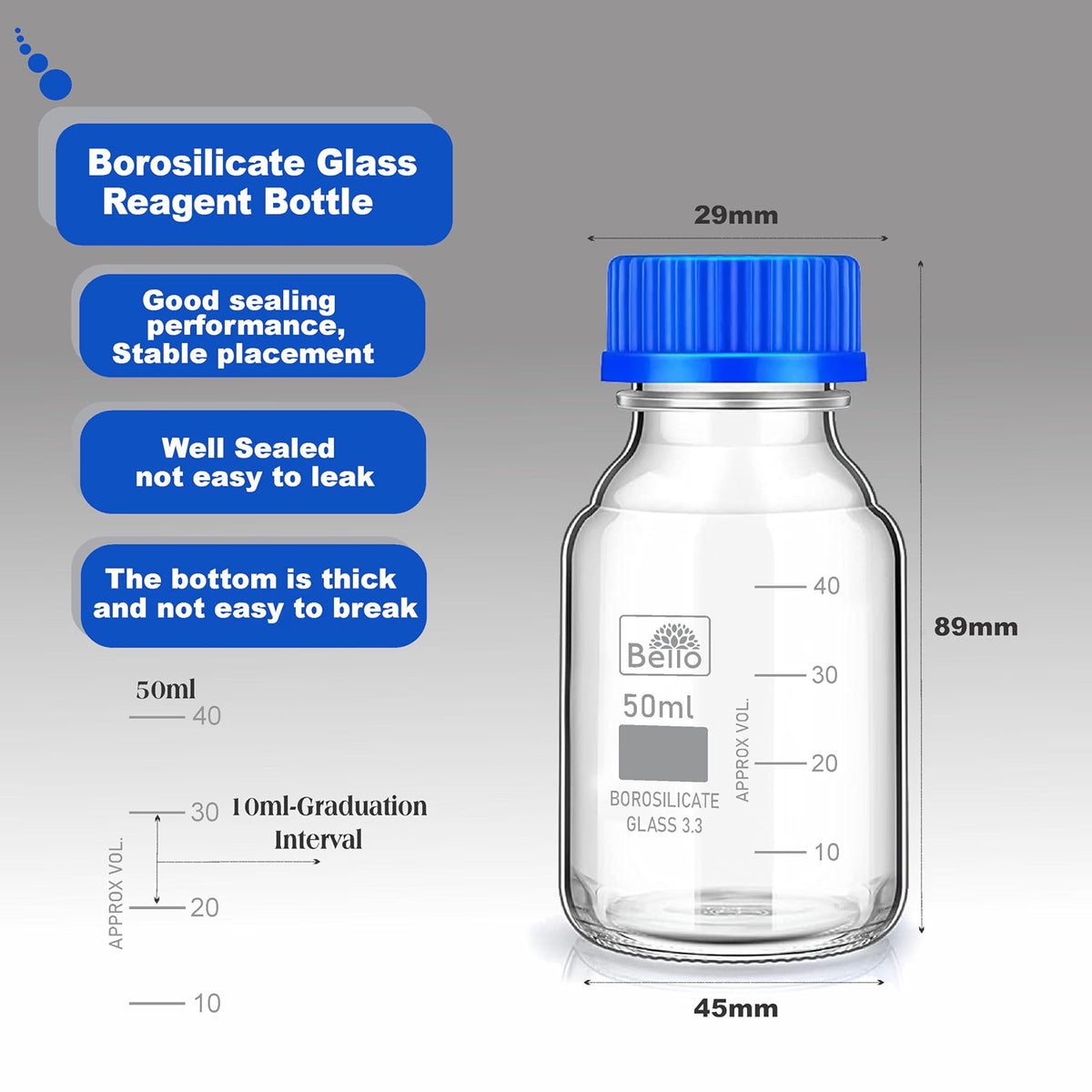 Bello Scientific Borosilicate 3.3 Glass Reagent Bottle 50ml,100ml & 250ml 2pcs with leak proof Blue Screw Cap pack of 6 for glassware wide mouth bottles for, laboratory