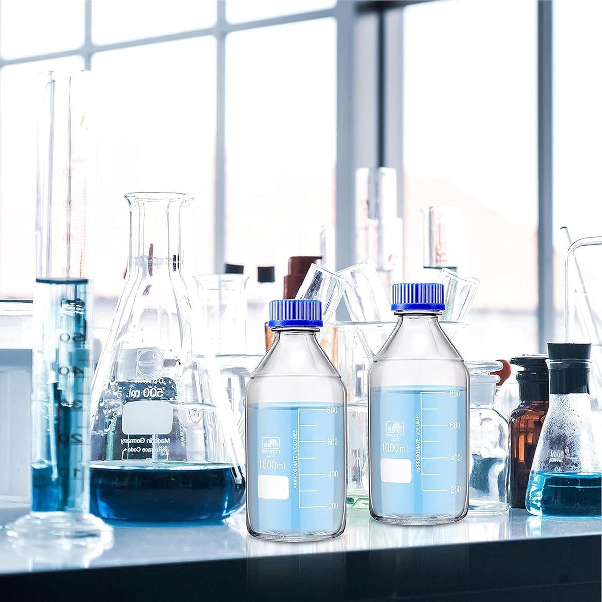 Bello Borosilicate Glass reagent bottle 1000ml & 500ml with leak proof Blue Screw Cap pack of 2 for glassware wide mouth bottles for perfume making cosmetics lab, laboratory, kitchenuse