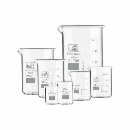 ello Borosilicate 3.3 Glass Beaker 5 ml, 10ml, 25 ml, 50 ml, 100 ml, 250 ml, 500 ml with Graduation Marks, Beakers Pack of 7 for perfume making Cosmetics collage chemistry lab laboratory