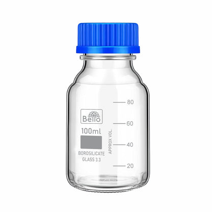 Bello Borosilicate Glass reagent bottle with leak proof Blue Screw Cap for glassware wide mouth Sample bottles for Liquid, lab, laboratory, kitchen and professional use