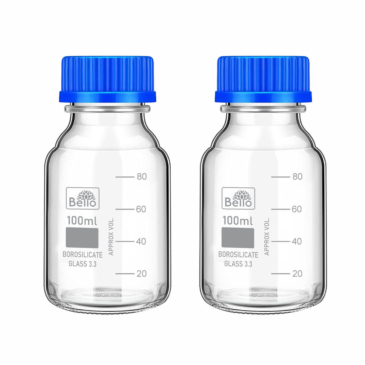 Bello Borosilicate Glass reagent bottle with leak proof Blue Screw Cap for glassware wide mouth Sample bottles for Liquid, lab, laboratory, kitchen and professional use