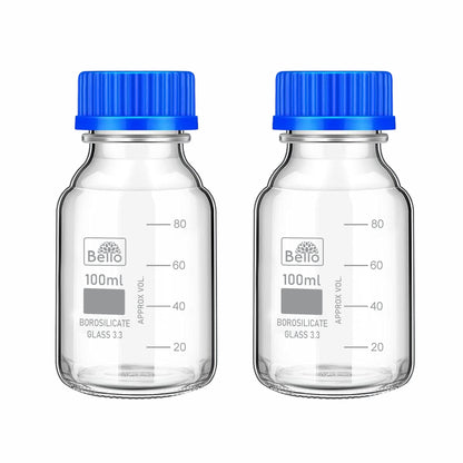 Bello Borosilicate Glass reagent bottle with leak proof Blue Screw Cap for glassware wide mouth Sample bottles for Liquid, lab, laboratory, kitchen and professional use