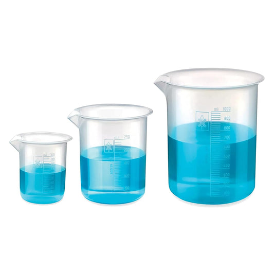 Bello Polypropylene Plastic Beaker 100 ml, 250 ml, 1000 ml with Graduation Marks, Set of 3 Beakers for school collage chemistry lab laboratory