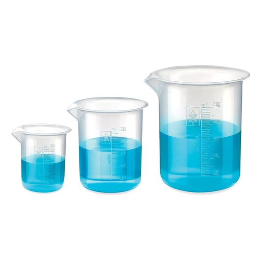 Bello Polypropylene Plastic Beaker 100 ml, 250 ml, 500 ml with Graduation Marks, Set of 3 Beakers for school collage chemistry lab laboratory