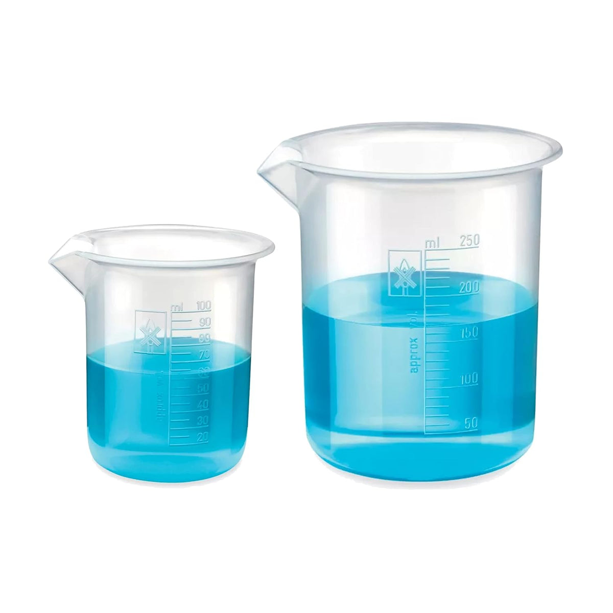 Bello Polypropylene Plastic Beaker 100 ml, 250 ml with Graduation Marks, Set of 2 Beakers for school collage chemistry lab laboratory