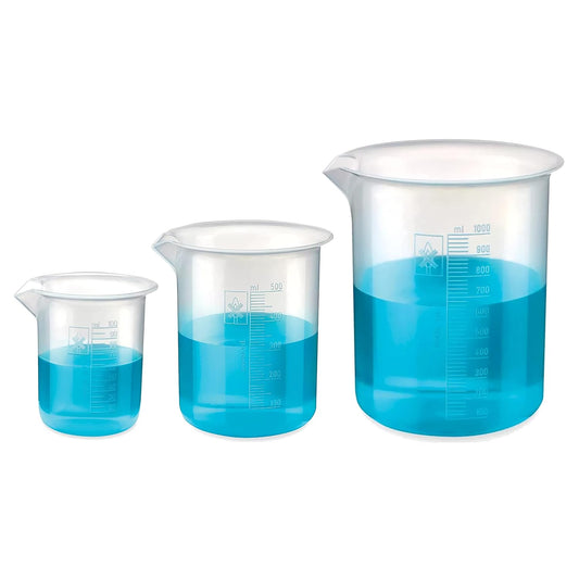 Bello Polypropylene Plastic Beaker 100 ml, 500 ml, 1000 ml with Graduation Marks, Set of 3 Beakers for school collage chemistry lab laboratory