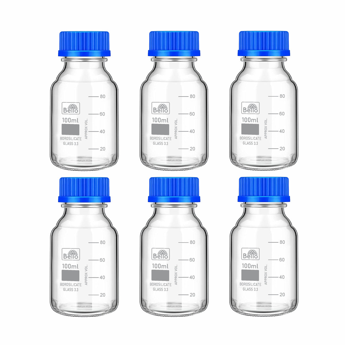 Bello Borosilicate Glass reagent bottle with leak proof Blue Screw Cap for glassware wide mouth Sample bottles for Liquid, lab, laboratory, kitchen and professional use
