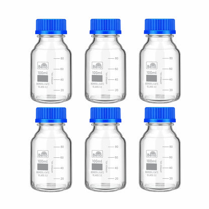 Bello Borosilicate Glass reagent bottle with leak proof Blue Screw Cap for glassware wide mouth Sample bottles for Liquid, lab, laboratory, kitchen and professional use