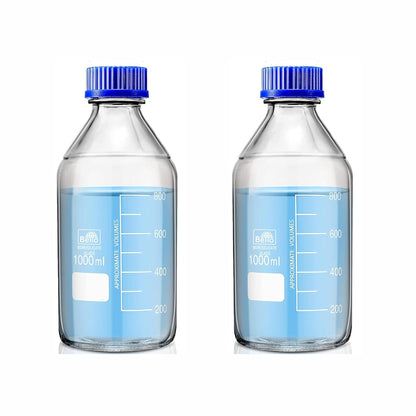 Bello Borosilicate Glass reagent bottle with leak proof Blue Screw Cap for glassware wide mouth Sample bottles for Liquid, lab, laboratory, kitchen and professional use