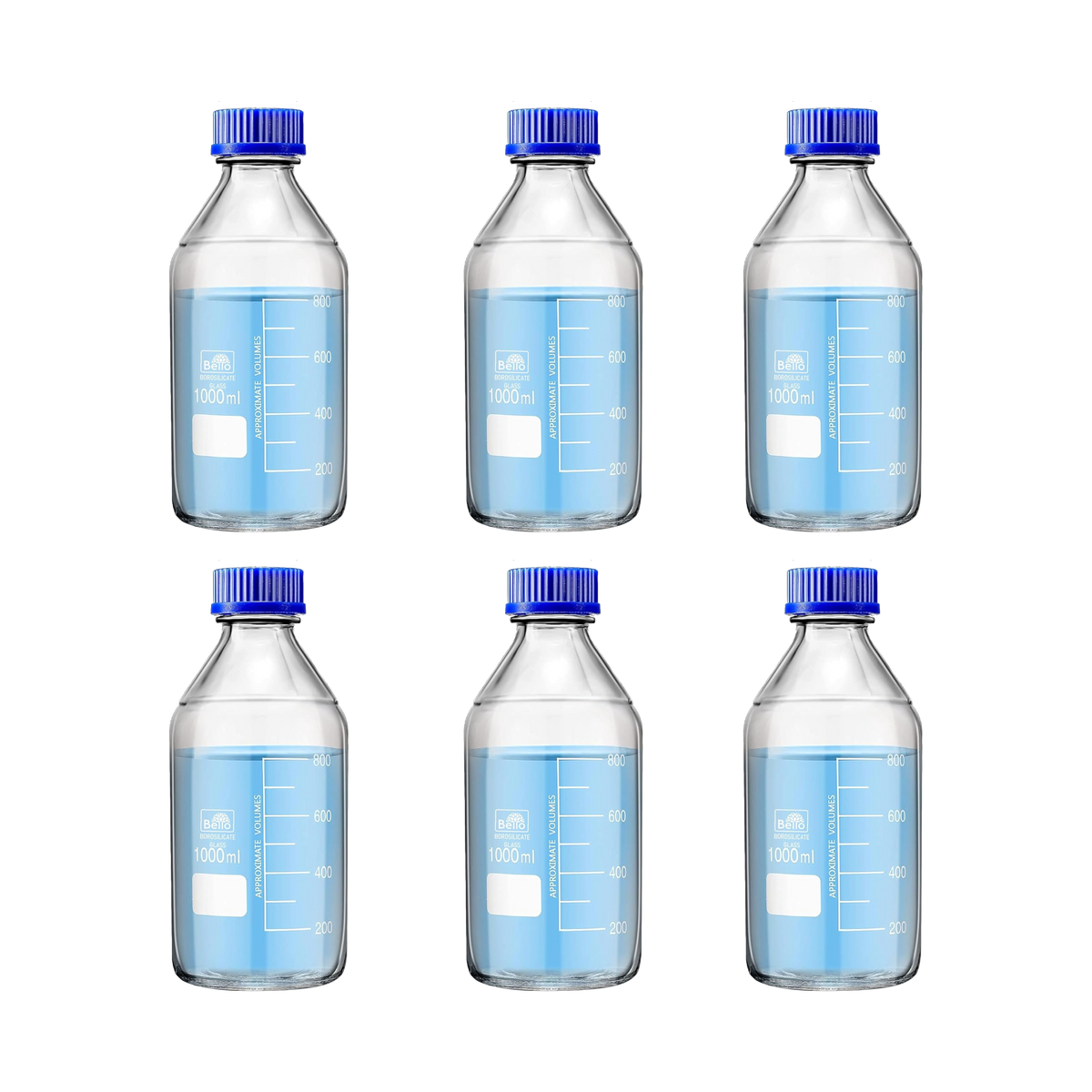 Bello Borosilicate Glass reagent bottle with leak proof Blue Screw Cap for glassware wide mouth Sample bottles for Liquid, lab, laboratory, kitchen and professional use