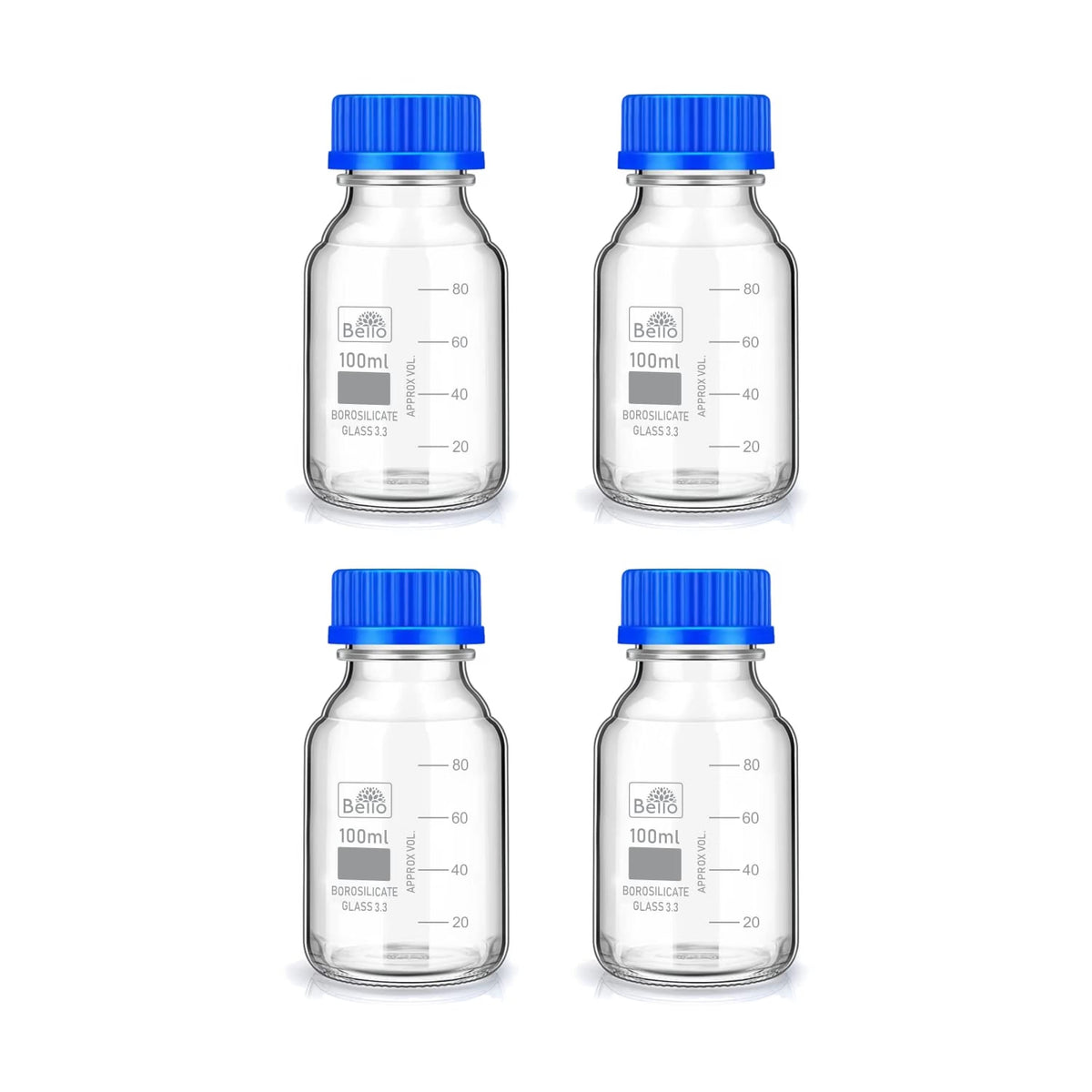 Bello Borosilicate Glass reagent bottle 100ml with leak proof Blue Screw Cap pack of 4 for glassware wide mouth chemical bottles for lab, laboratory, kitchen and professional use