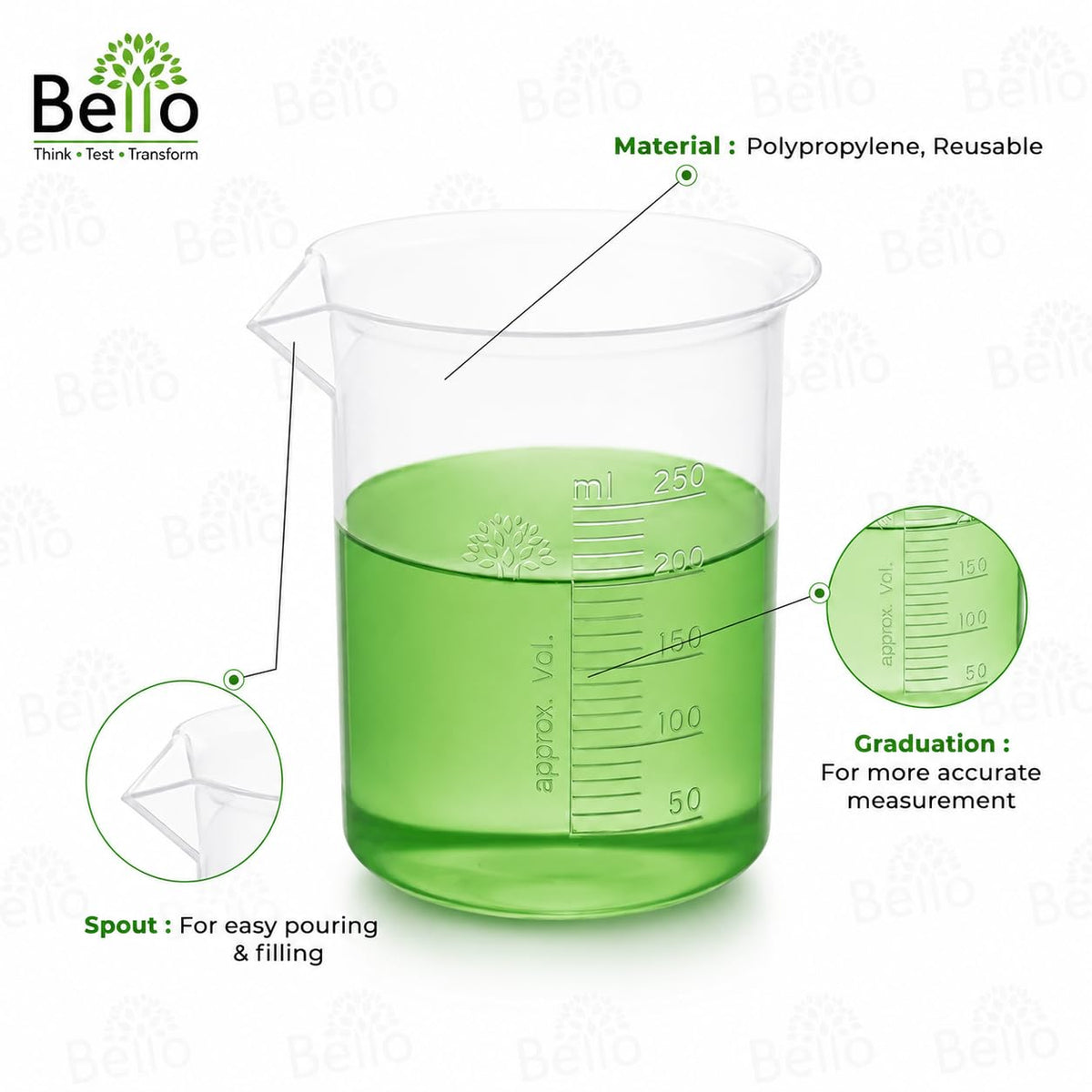 Bello Polypropylene Plastic Beaker 100 ml, 250 ml, 500 ml, 1000 ml with Graduation Marks, Set of 4 Beakers