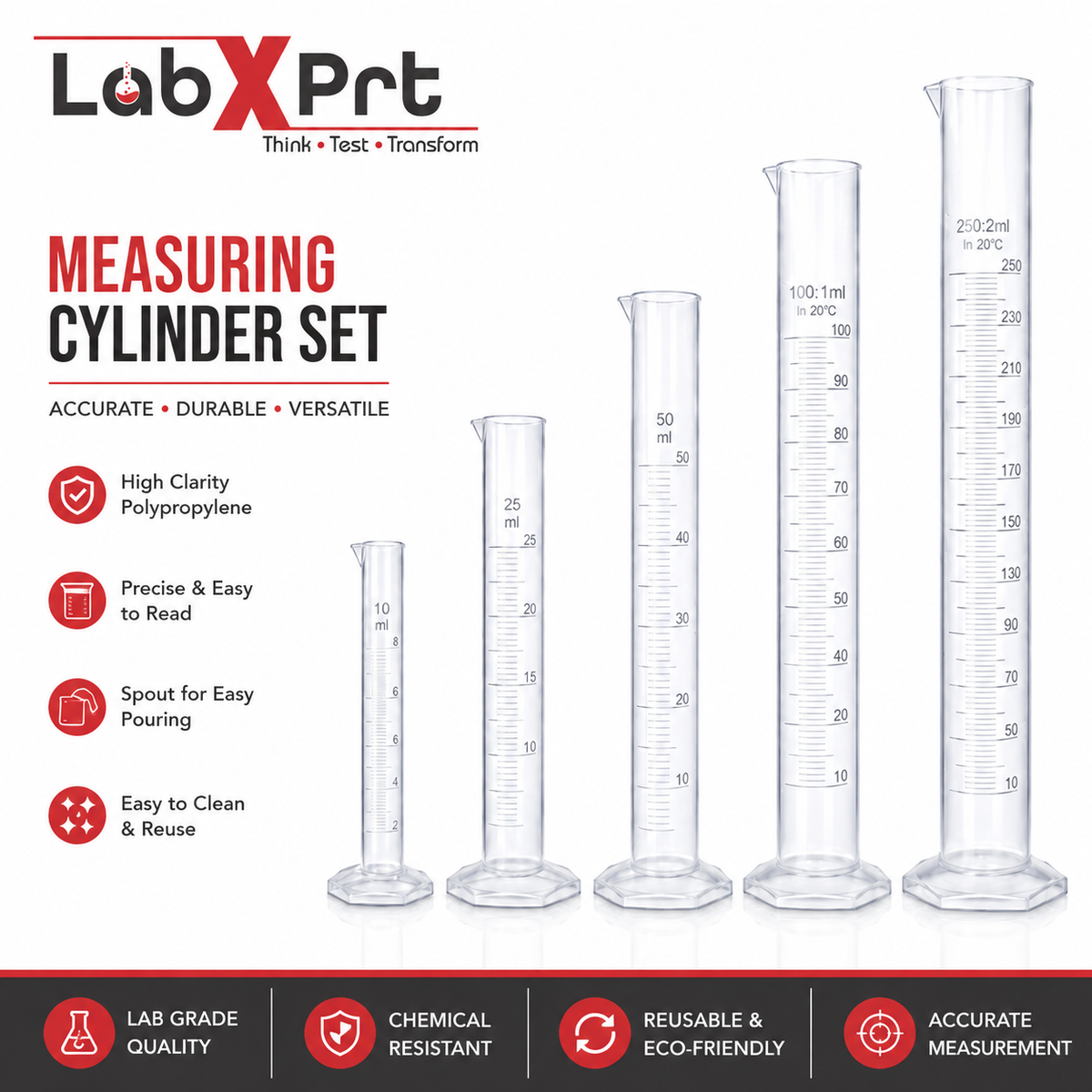 LABXPRT Transparent Plastic Graduated Cylinder, Accurate Volume Measuring Cylinders with Graduated Markings for Chemistry Labs Science Education Research & Laboratory