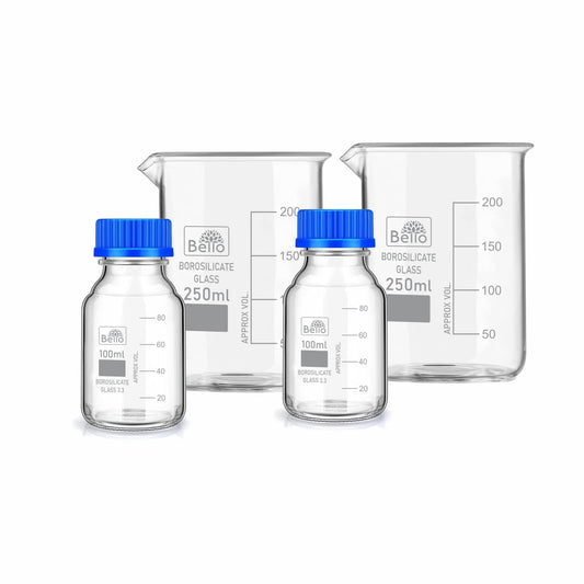 Bello Borosilicate Glass Measuring Beaker 250ml 2pcs & 100ml 2pcs Reagent bottle with leak proof Blue Screw Cap pack of 4 for chemical lab, laboratory, kitchen and professional use