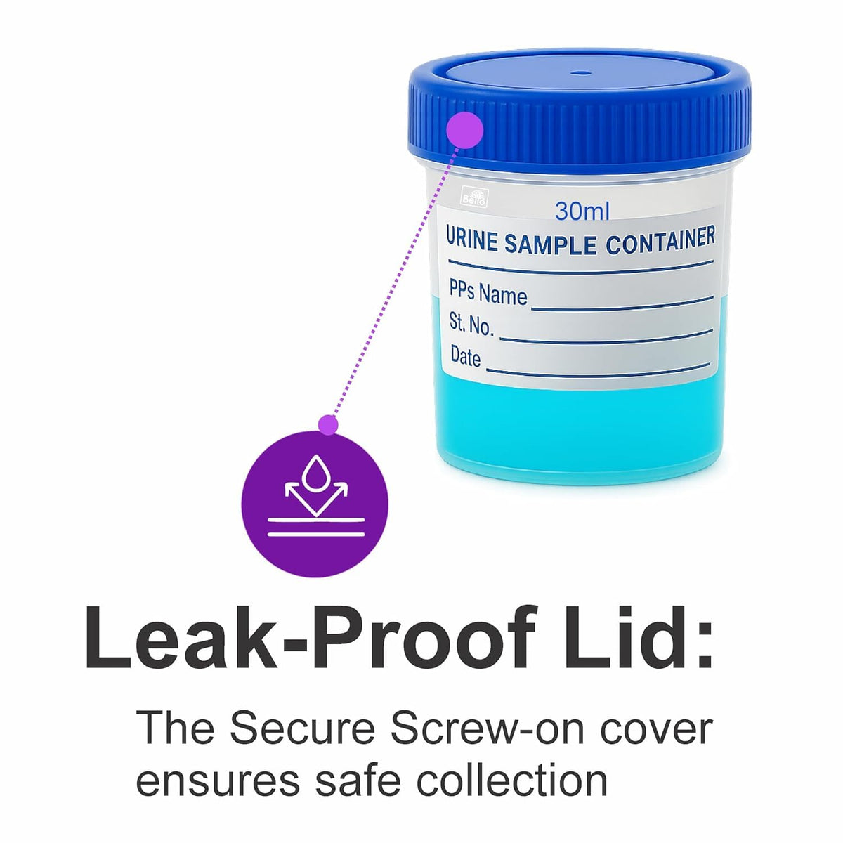 Bello Polypropylene Specimen Collection Container with Leak Proof Lid, Sterile Sample Bottle for Laboratory Testing
