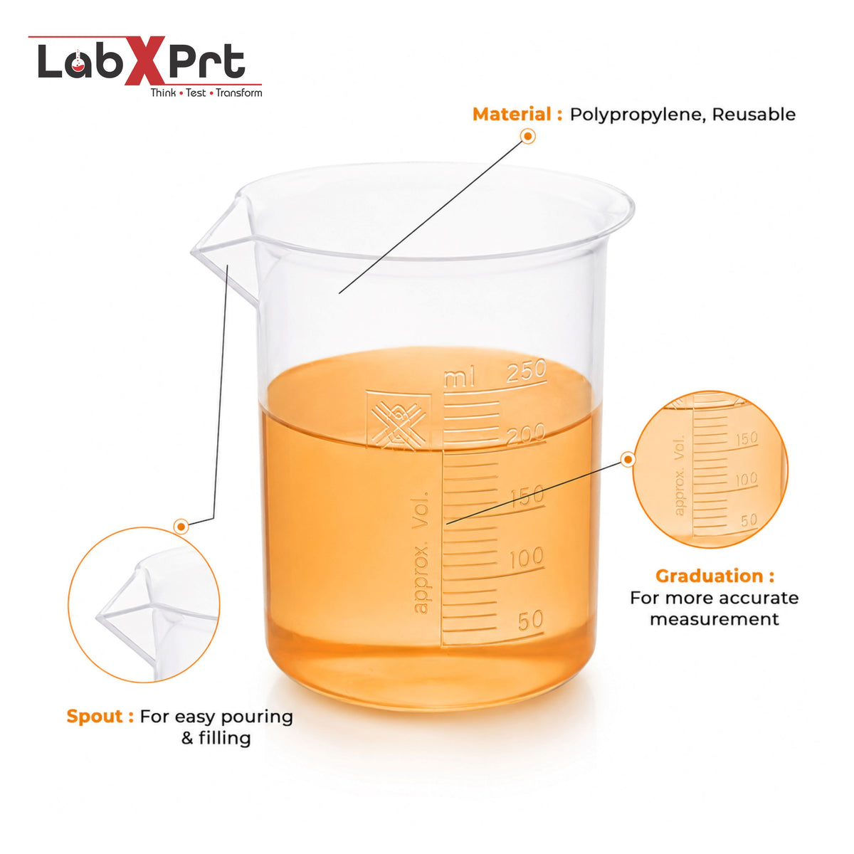 Labxprt Polypropylene Plastic Beaker 50ml, 250ml, 500ml with Graduation Marks, Set of 3 Transparent Reusable for Laboratory, Kitchen, Cooking, Liquid & Solid Measurement | Embossed Scale