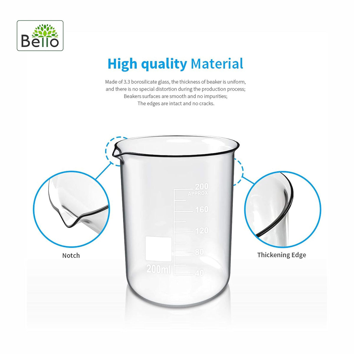 Bello Borosilicate 3.3 Glass Beaker with Graduation Marks,Beakers for school collage chemistry lab laboratory
