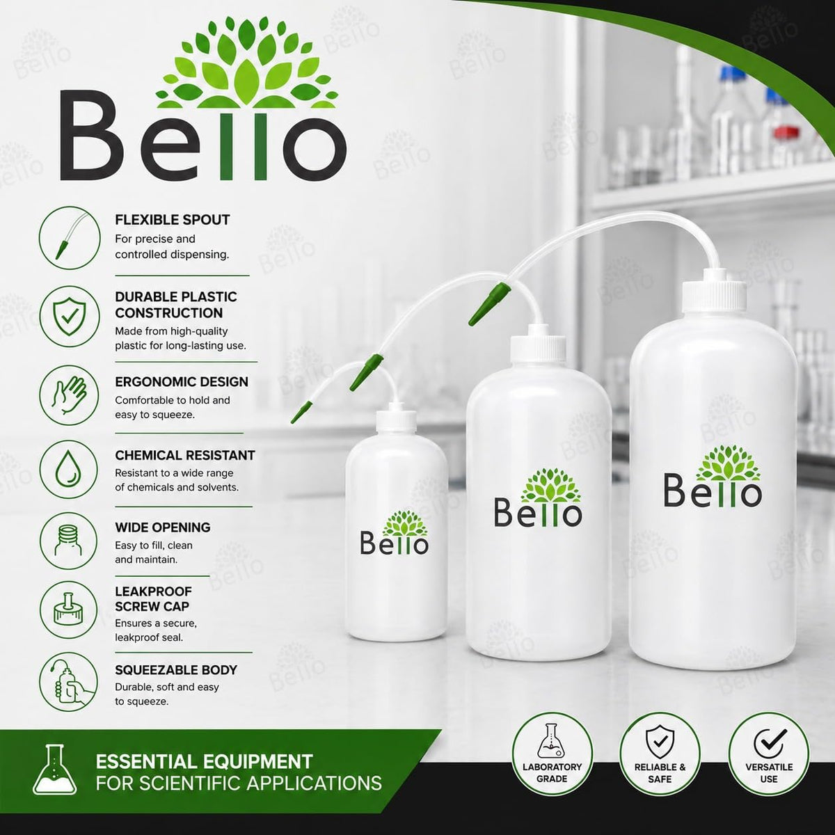Bello Polypropylene Wash Bottle,Screw Cap with Flexible Tube for Dispensing Liquid -for lab laboratories scientific Chemistry
