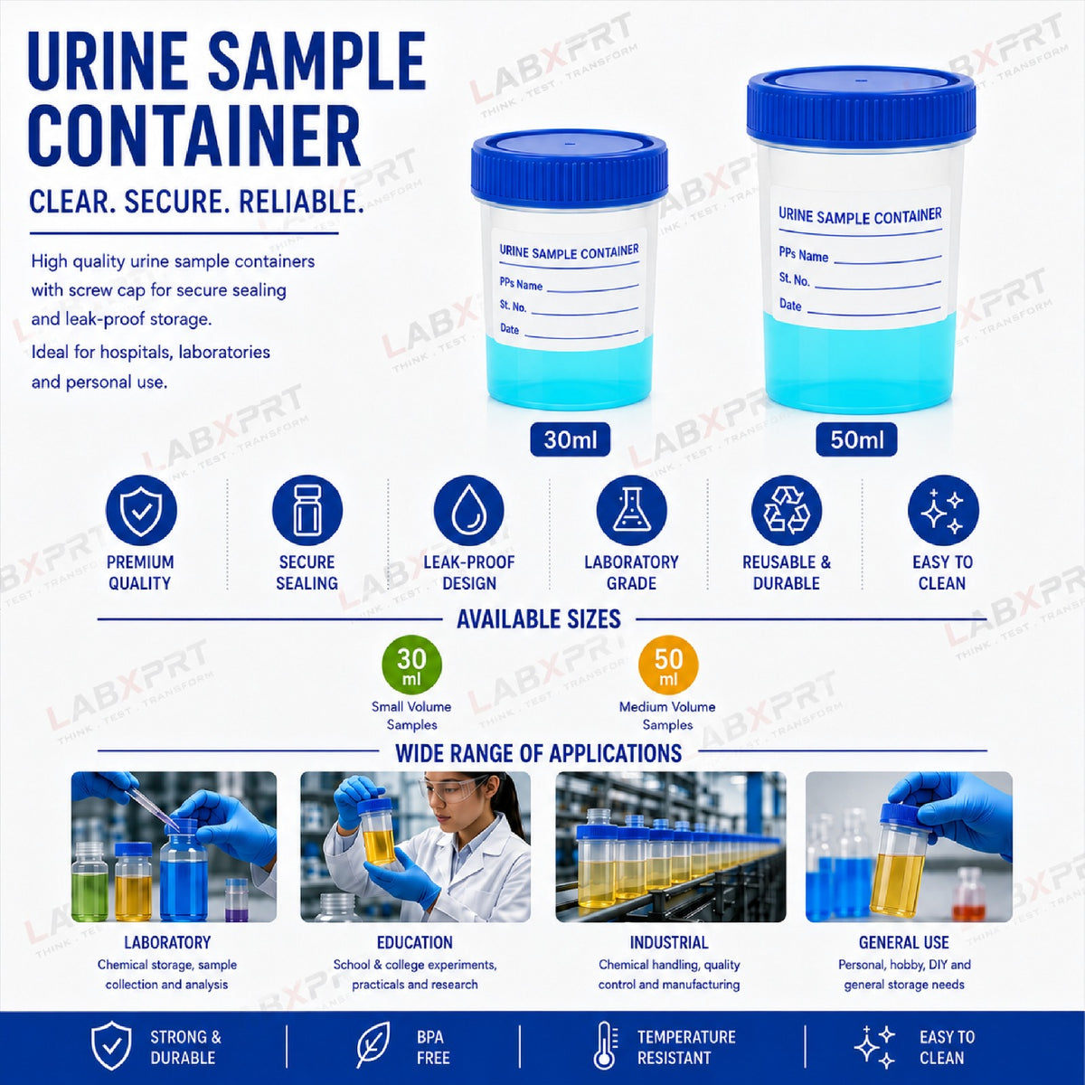 Labxprt Polypropylene Urine Sample Bottles with Lid for school collage chemistry lab laboratory Urine Sample
