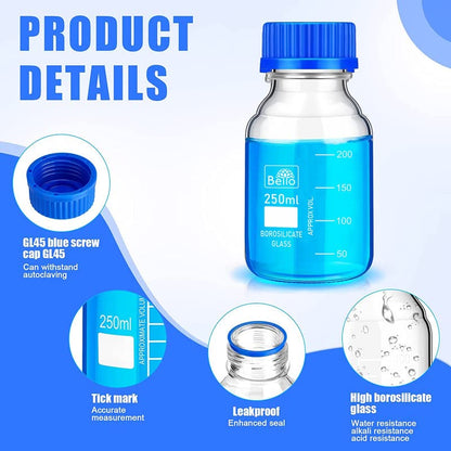 Bello Borosilicate Glass reagent bottle with leak proof Blue Screw Cap for glassware wide mouth Sample bottles for Liquid, lab, laboratory, kitchen and professional use
