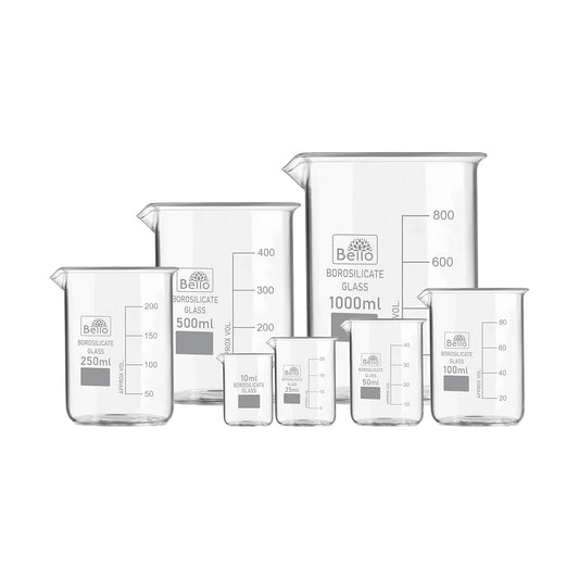 Bello Borosilicate 3.3 Glass Beaker 10ml, 25ml, 50ml, 100ml, 250ml, 500ml, 1000ml with Graduation Marks, Set of 7 For cosmetics perfume making, lab laboratory