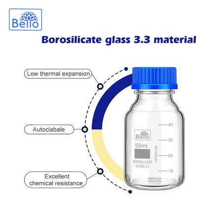 Bello Borosilicate Glass reagent bottle 50ml with leak proof Blue Screw Cap pack of 6pcs for glassware wide mouth chemical bottles for lab, laboratory, kitchen and professional use