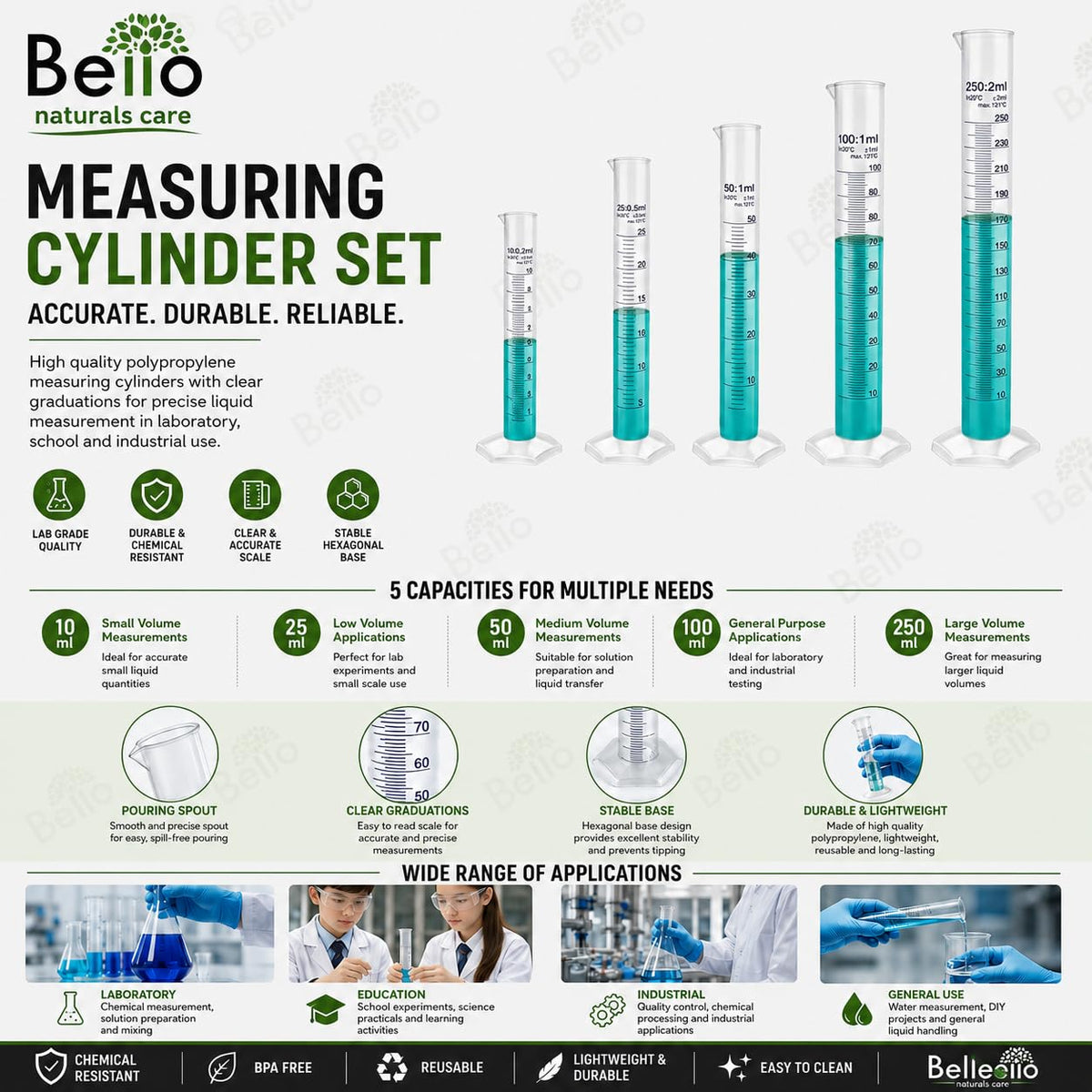 Bello Scientific Plastic Measuring Cylinder Polypropylene Material Hexagonal Base, Blue Printed Graduation