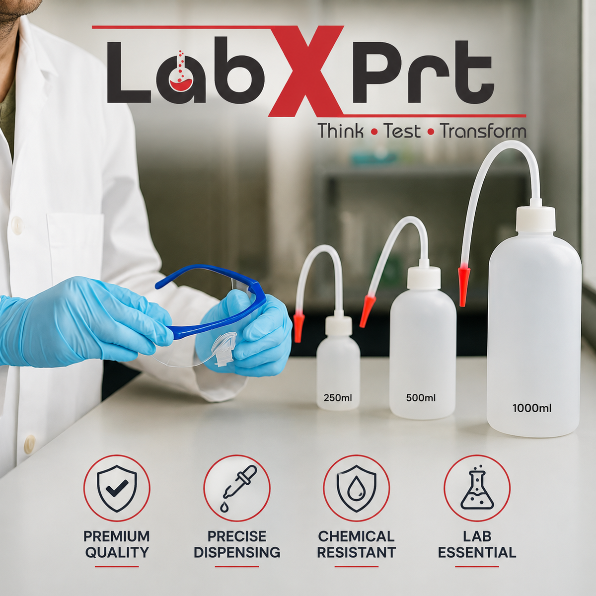 Labxprt Polypropylene Wash Bottle Screw Cap with Flexible Tube for Dispensing Liquid -for lab laboratories scientific Chemistry