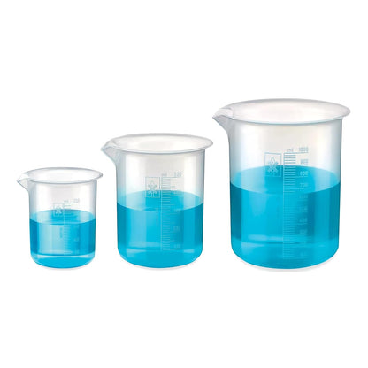Bello Polypropylene Plastic Beaker 250 ml, 500 ml, 1000 ml with Graduation Marks, Set of 3 Beakers for school collage chemistry lab laboratory