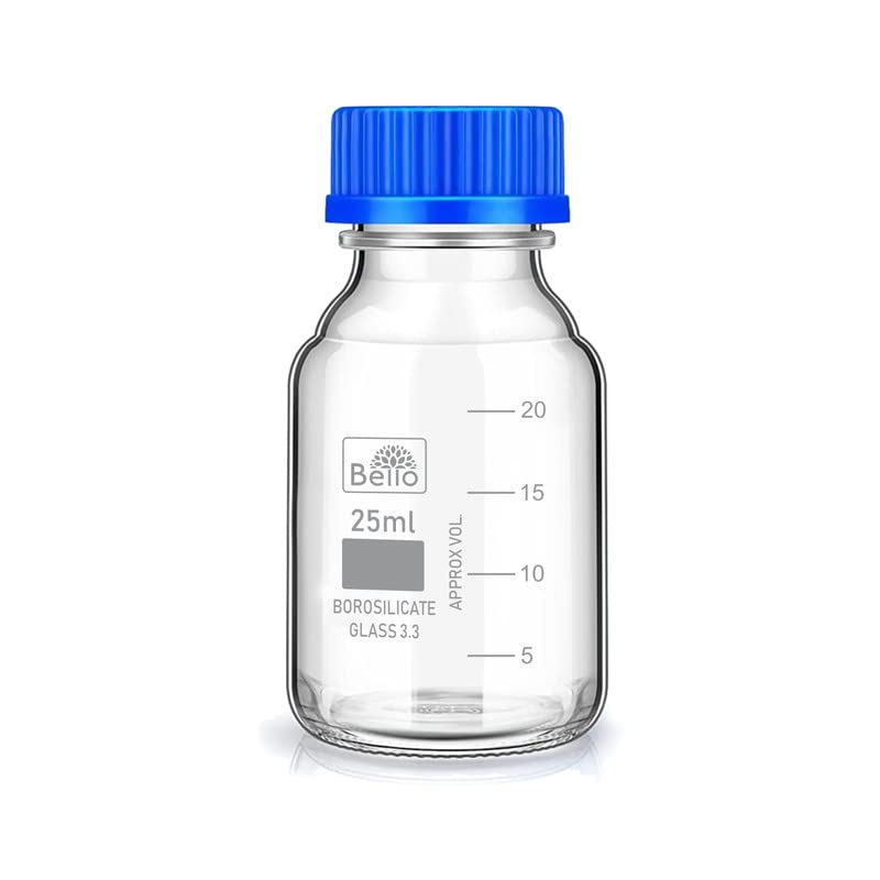 Bello Borosilicate Glass reagent bottle with leak proof Blue Screw Cap for glassware wide mouth Sample bottles for Liquid, lab, laboratory, kitchen and professional use