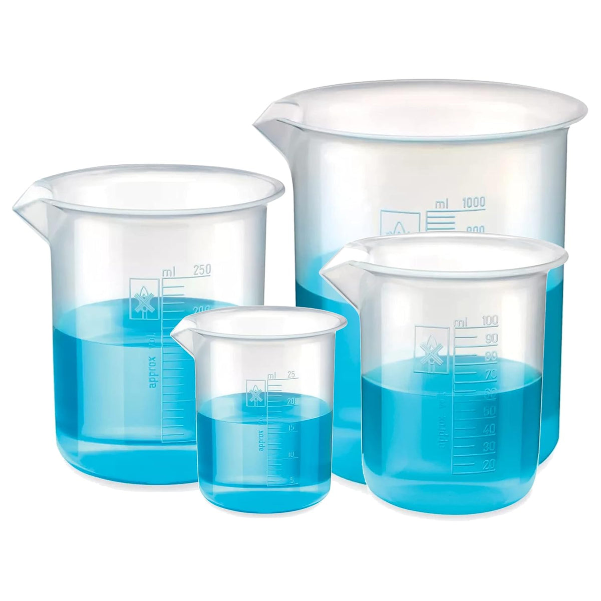 Bello Polypropylene Plastic Beaker 25ml, 100ml, 250ml, 1000ml with Graduation Marks, Set of 4 Beakers