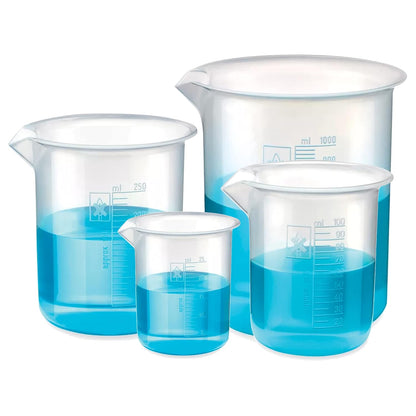 Bello Polypropylene Plastic Beaker 25ml, 100ml, 250ml, 1000ml with Graduation Marks, Set of 4 Beakers