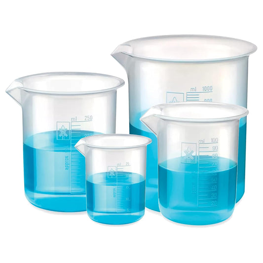 Bello Polypropylene Plastic Beaker 25ml, 100ml, 250ml, 1000ml with Graduation Marks, Set of 4 Beakers