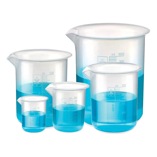 Bello Polypropylene Plastic Beaker 25ml, 100ml, 250ml, 500ml, 1000ml with Graduation Marks, Set of 5 Beakers for school collage chemistry lab laboratory