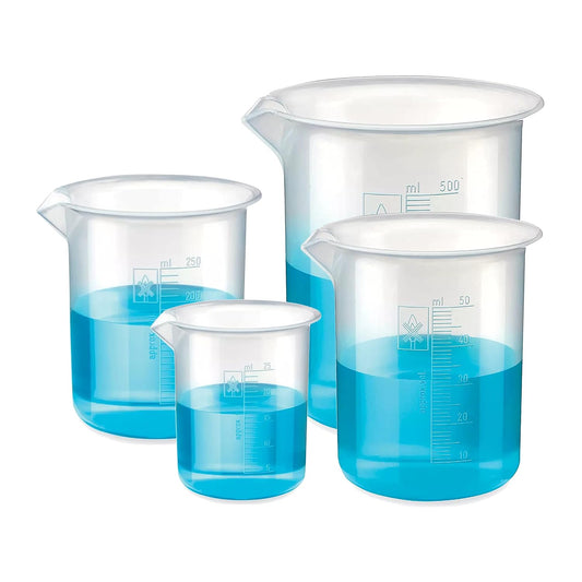 Bello Polypropylene Plastic Beaker 25ml, 100ml, 250ml, 500ml with Graduation Marks, Set of 4 Beakers