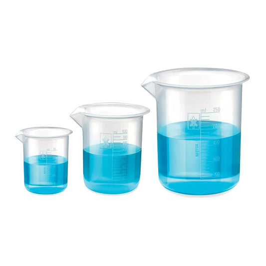 Bello Polypropylene Plastic Beaker 25ml, 100ml, 250ml with Graduation Marks, Set of 3 Beakers for school collage chemistry lab laboratory
