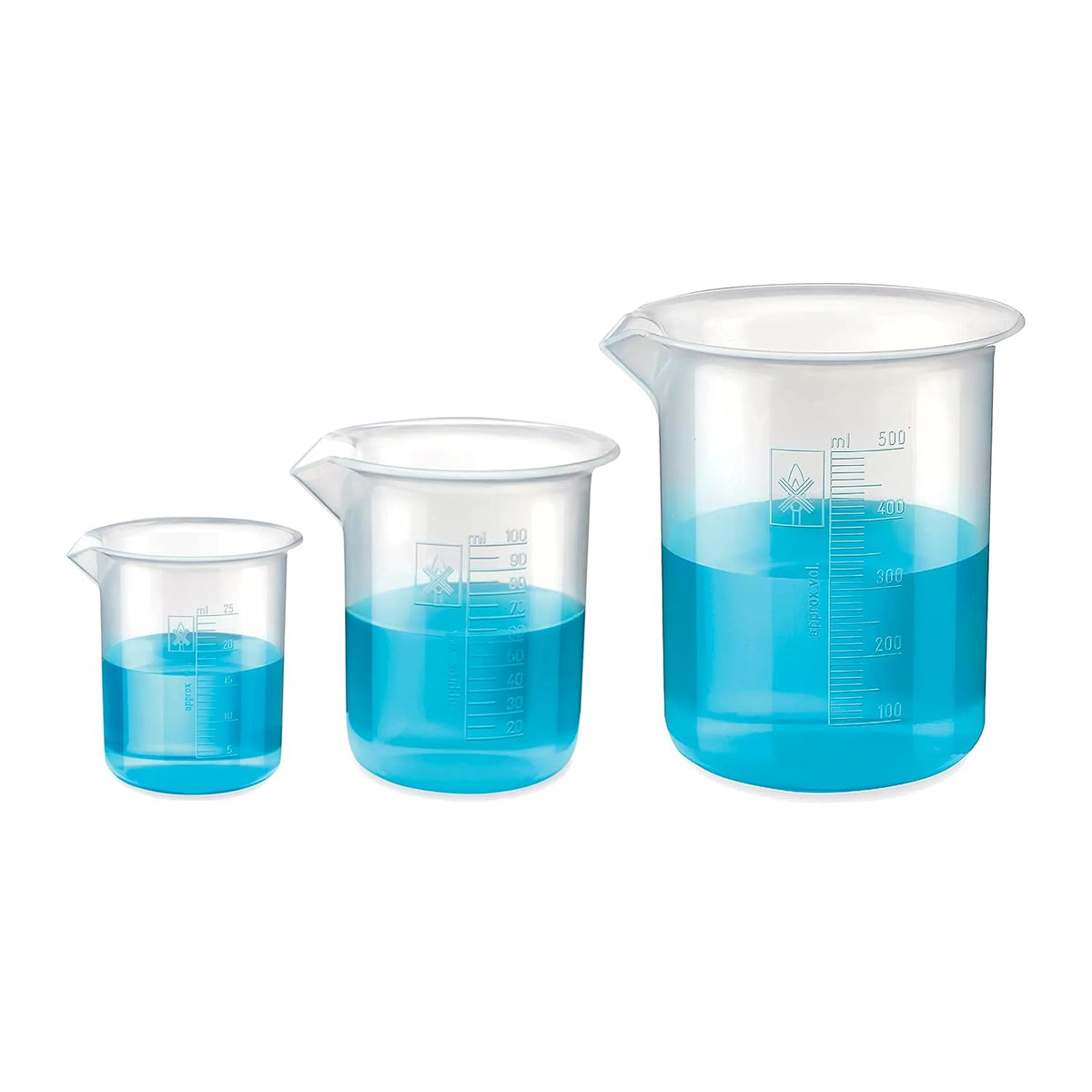 Bello Polypropylene Plastic Beaker 25ml, 100ml, 500ml with Graduation Marks, Set of 3 Beakers for school collage chemistry lab laboratory