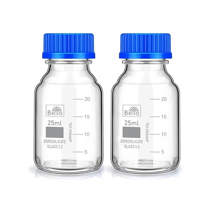 Bello Borosilicate Glass reagent bottle with leak proof Blue Screw Cap for glassware wide mouth Sample bottles for Liquid, lab, laboratory, kitchen and professional use