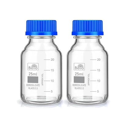 Bello Borosilicate Glass reagent bottle with leak proof Blue Screw Cap for glassware wide mouth Sample bottles for Liquid, lab, laboratory, kitchen and professional use