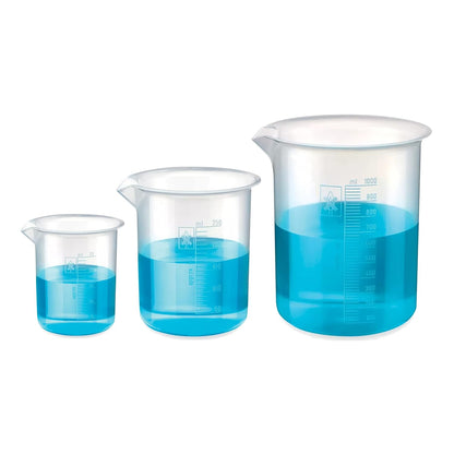 Bello Polypropylene Plastic Beaker 25ml, 250ml, 1000ml with Graduation Marks, Set of 3 Beakers for school collage chemistry lab laboratory