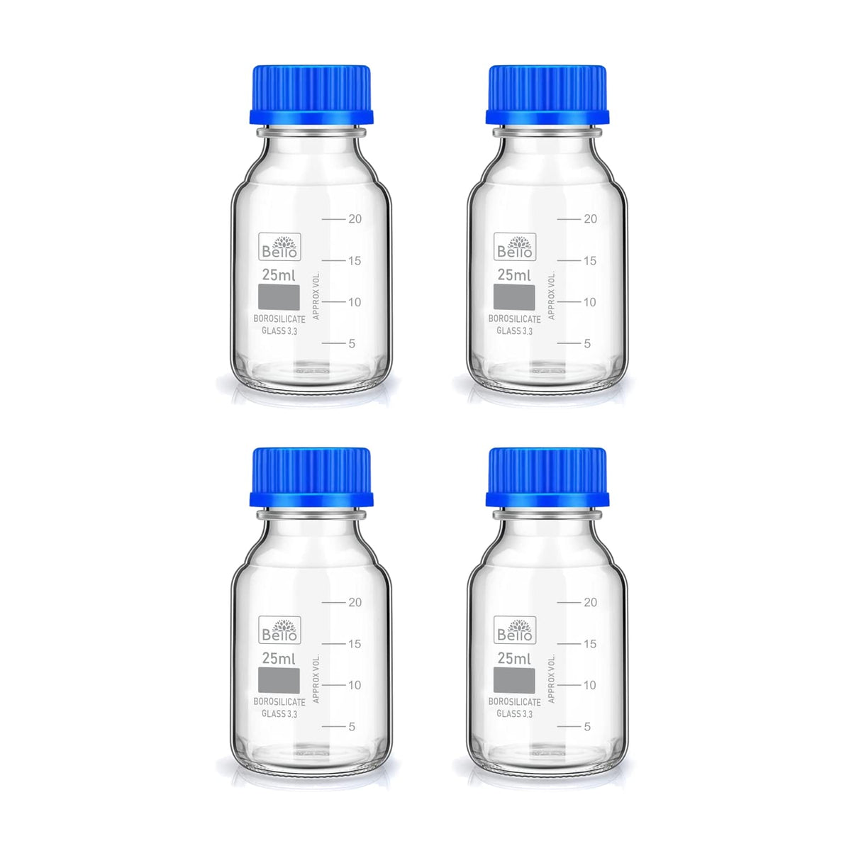 Bello Borosilicate Glass reagent bottle with leak proof Blue Screw Cap for glassware wide mouth Sample bottles for Liquid, lab, laboratory, kitchen and professional use