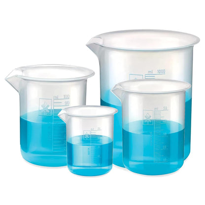 Bello Polypropylene Plastic Beaker 25ml, 50ml, 100ml, 1000ml with Graduation Marks, Set of 4 Beakers