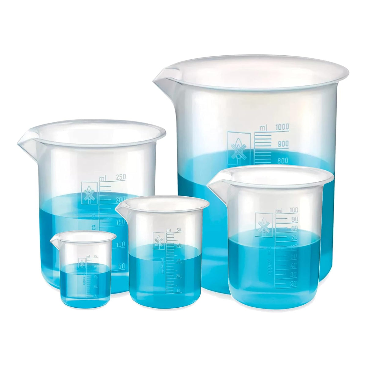 Bello Polypropylene Plastic Beaker 25ml, 50ml, 100ml, 250ml, 1000ml with Graduation Marks, Set of 5 Beakers for school collage chemistry lab laboratory