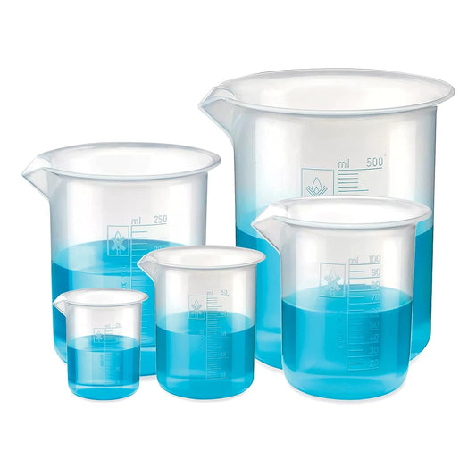 Bello Polypropylene Plastic Beaker 25ml, 50ml, 100ml, 250ml, 500ml with Graduation Marks, Set of 5 Beakers for school collage chemistry lab laboratory