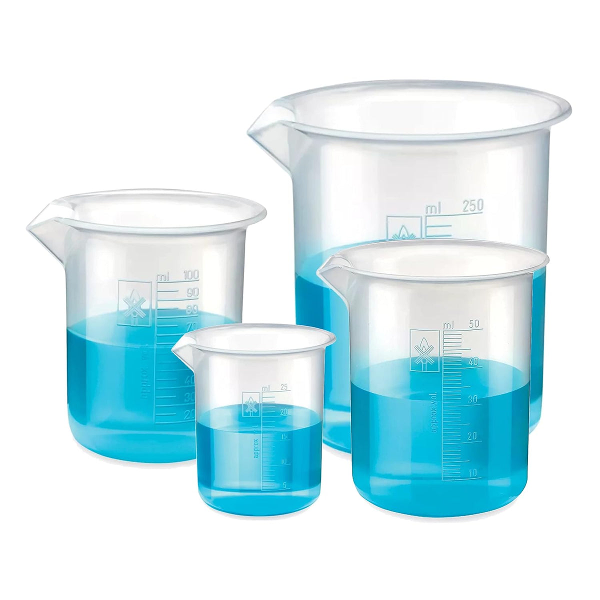 Bello Polypropylene Plastic Beaker 25ml, 50ml, 100ml, 250ml with Graduation Marks, Set of 4 Beakers