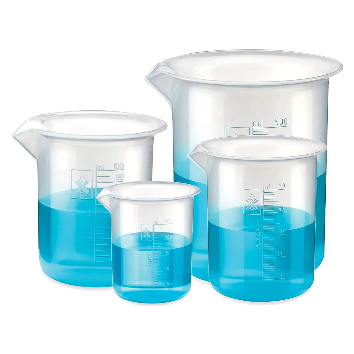 Bello Polypropylene Plastic Beaker 25ml, 50ml, 100ml, 500ml with Graduation Marks, Set of 4 Beakers