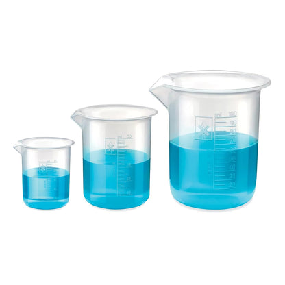 Bello Polypropylene Plastic Beaker 25ml, 50ml, 100ml with Graduation Marks, Set of 3 Beakers for school collage chemistry lab laboratory