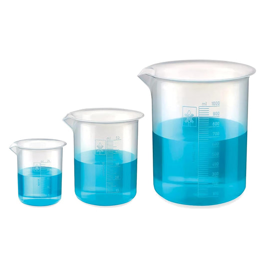 Bello Polypropylene Plastic Beaker 25ml, 50ml, 1000ml with Graduation Marks, Set of 3 Beakers for school collage chemistry lab laboratory