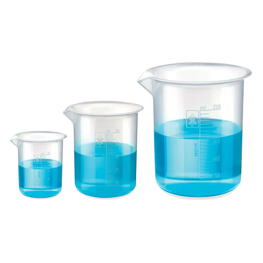 Bello Polypropylene Plastic Beaker 25ml, 50ml, 250ml with Graduation Marks, Set of 3 Beakers for school collage chemistry lab laboratory