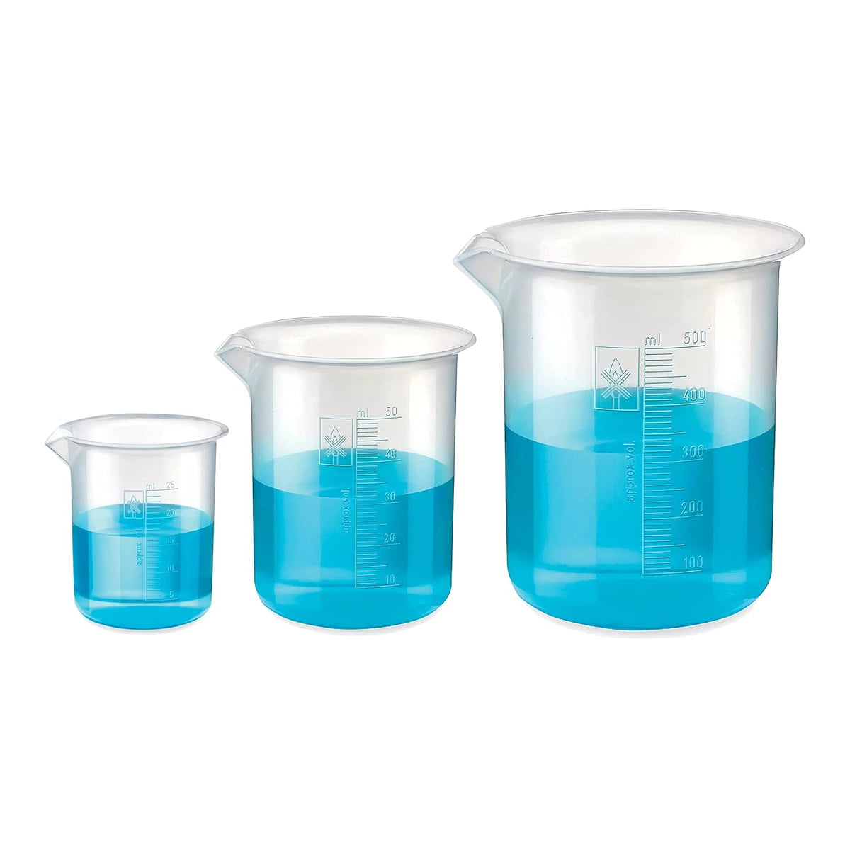 Bello Polypropylene Plastic Beaker 25ml, 50ml, 500ml with Graduation Marks, Set of 3 Beakers for school collage chemistry lab laboratory